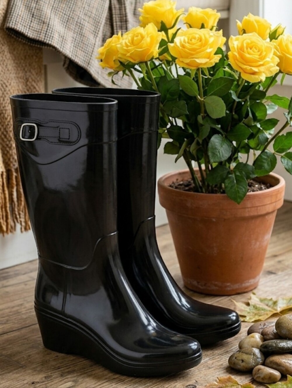 Capelli of New York Black Mid-Calf Wedge Rain Boots